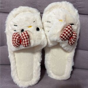 Cute Furry Slippers with Red Bow